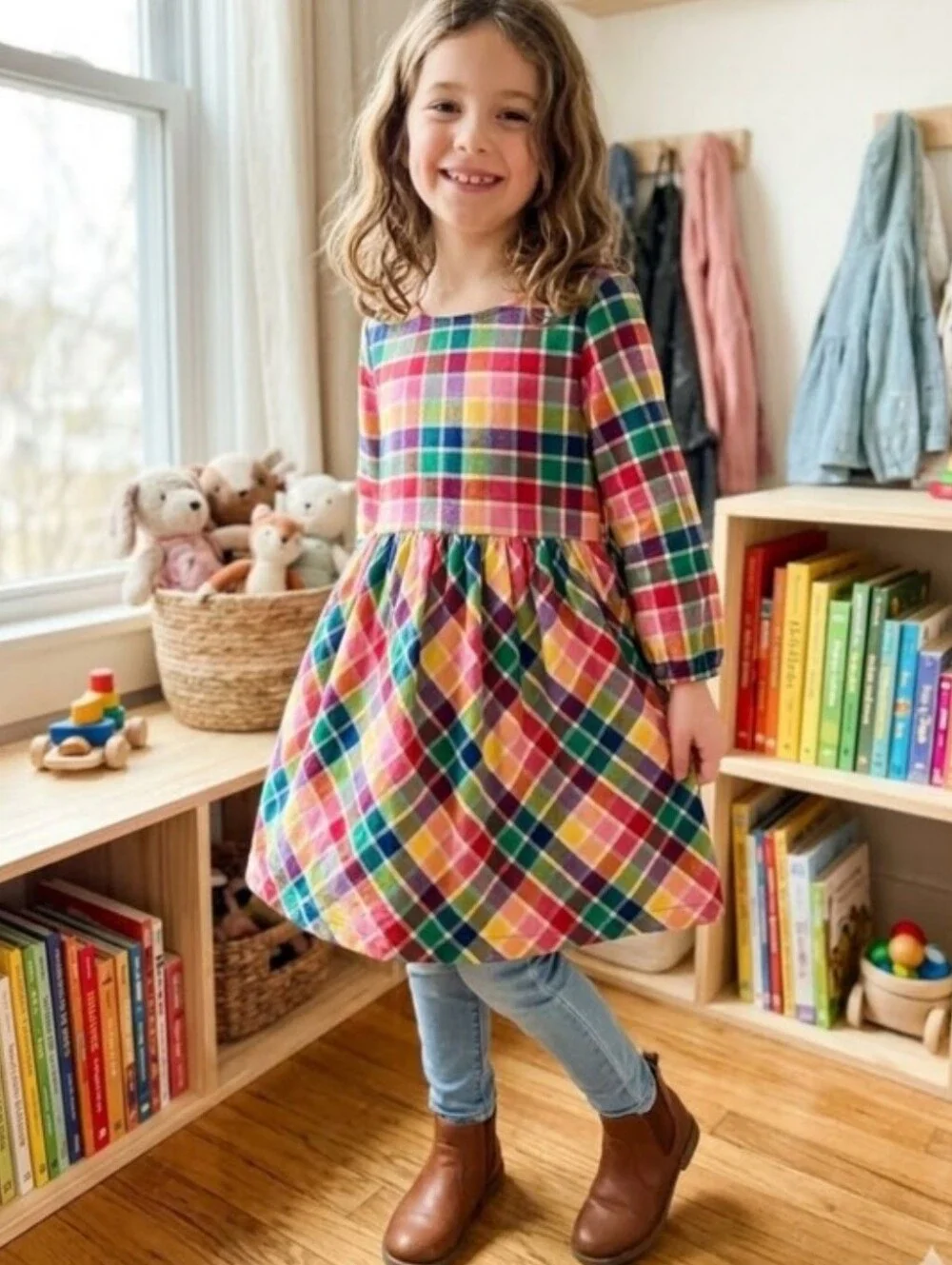 Hanna Andersson Multicolor Soft Cotton Plaid Dress Side Pockets Size 130 7-9yrs